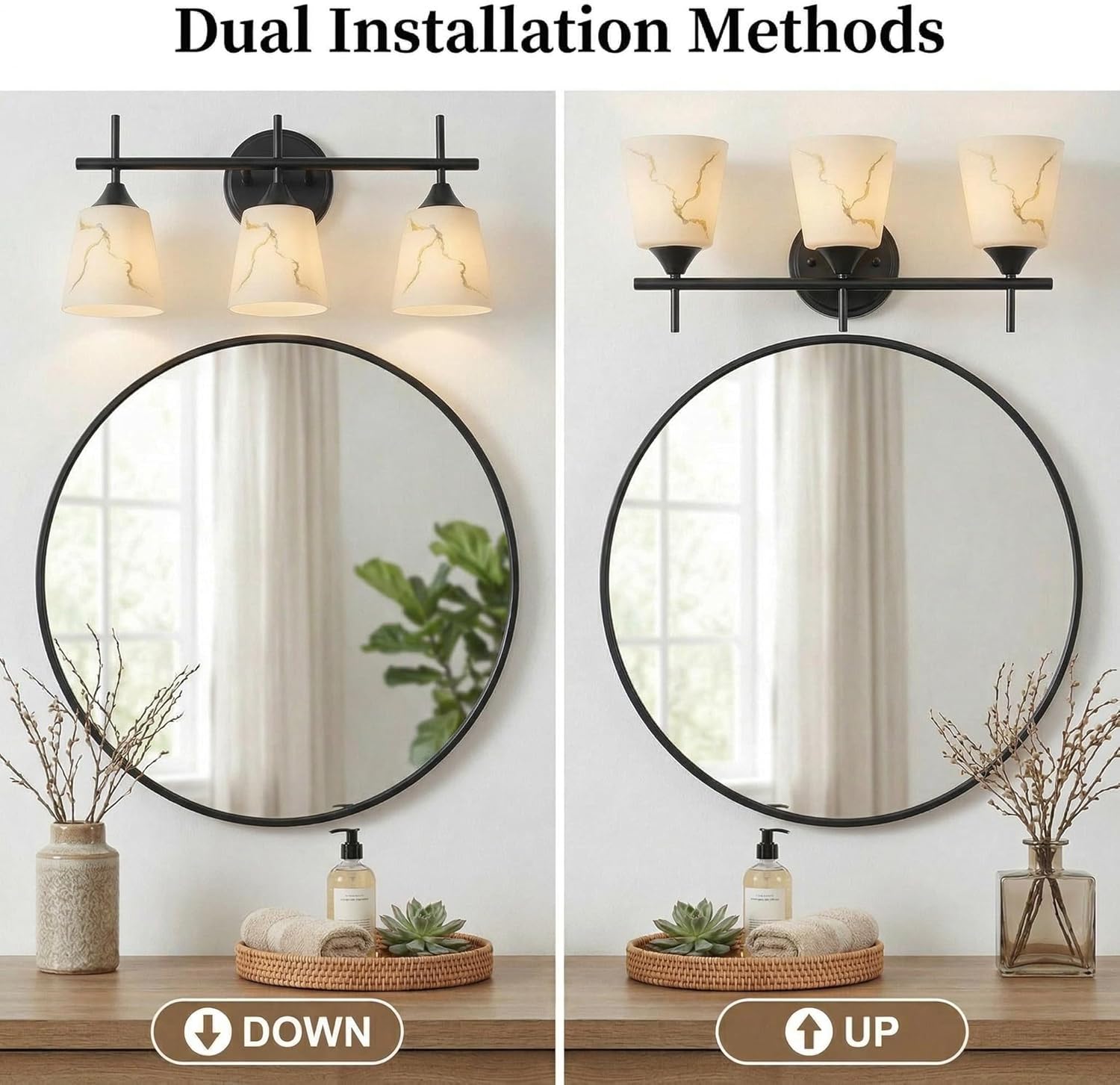 3-Light Black Mid Century Bathroom Light Fixture, Modern Vanity Light with White Marble Glass Shade, for Bathroom Mirror, Living Room, Bedroom, Hallway, E26 Base