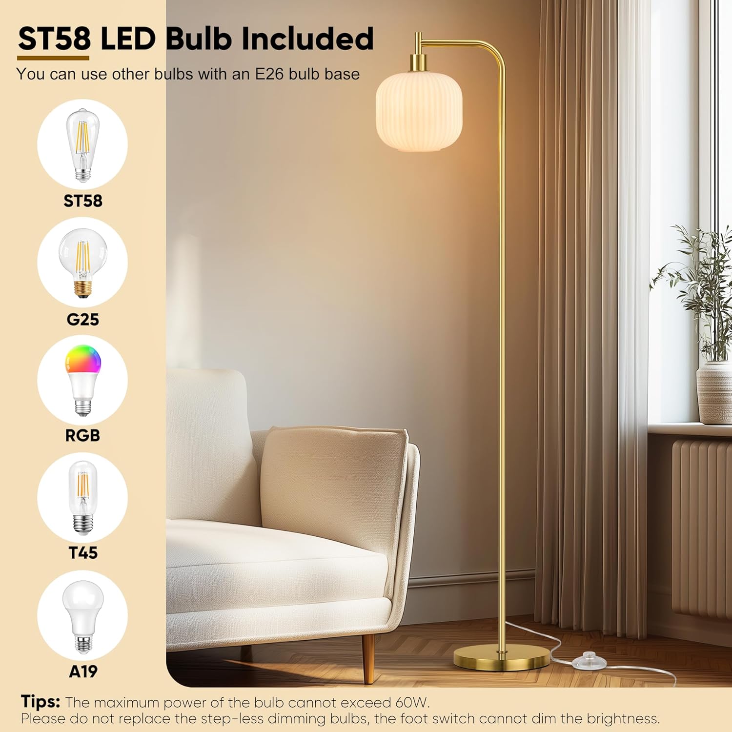 QiMH Glass Floor Lamp for Living Room, 67” Modern Standing Lamp with Cream Ribbed Glass Lampshade Pedal Switch Tall Lamp for Bedroom, Brushed Gold (2700K LED Bulb Included)