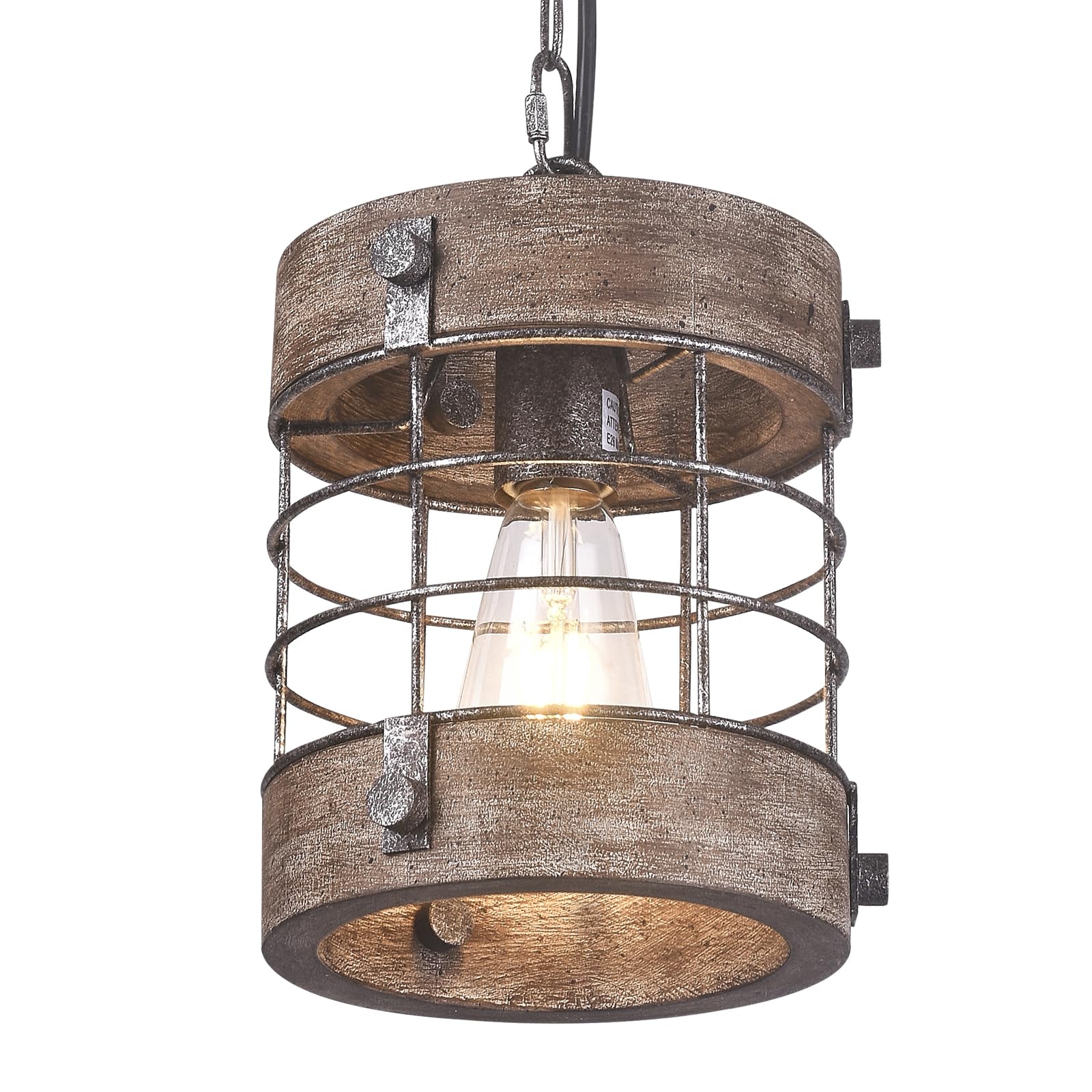 Retro Industrial Metal and Wood Farmhouse Chandeliers, 1-Light Round Cage Pendant Light Fixtures for Farmhouse Kitchen Island Foyer Hallway Bar Dining Room Restaurant, Brown, 2 Pack