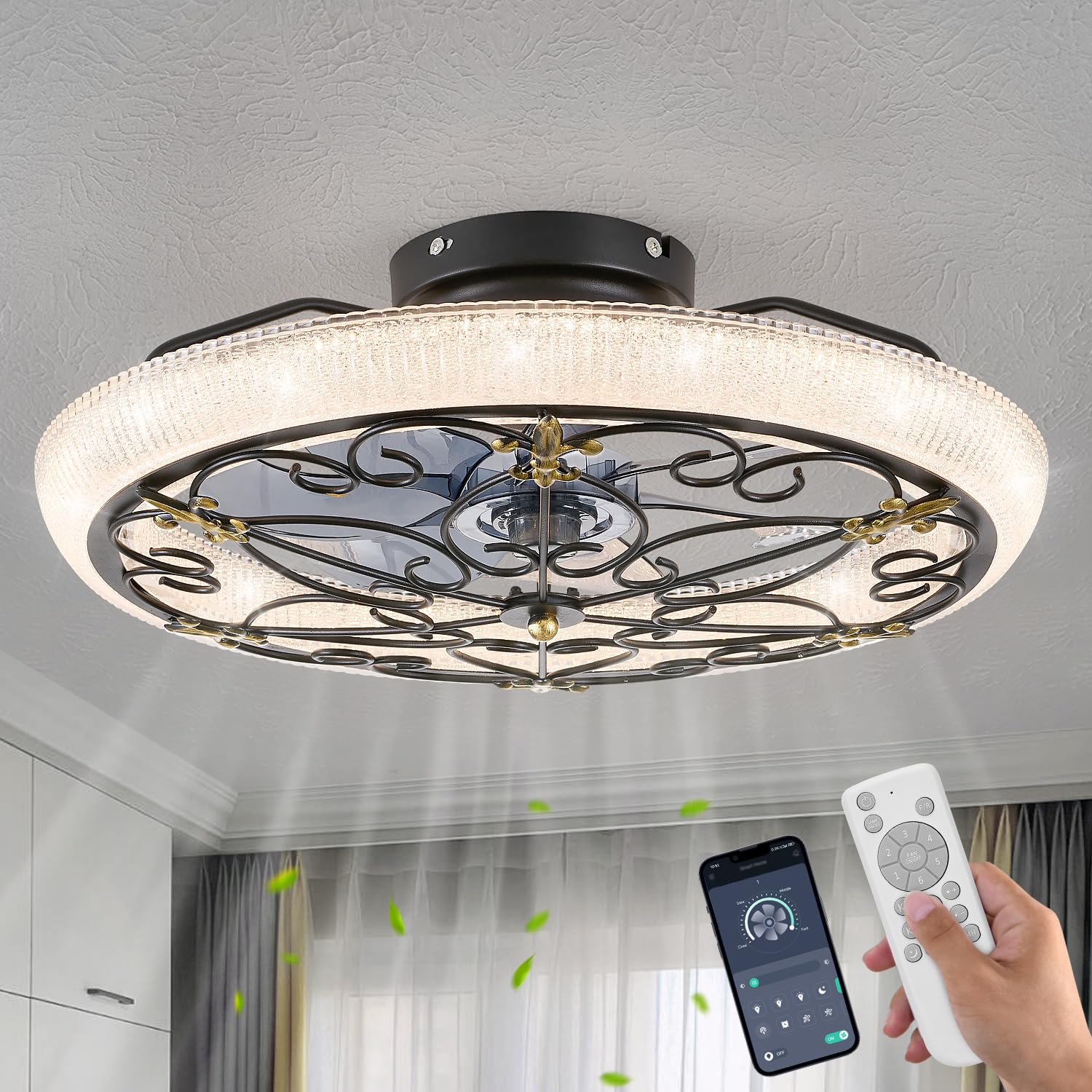 Caged Ceiling Fan with Lights Remote Control, 6 Speeds 3 Color Farmhouse Industrial Ceiling Fan with Light for Kitchen Bedroom Living Room