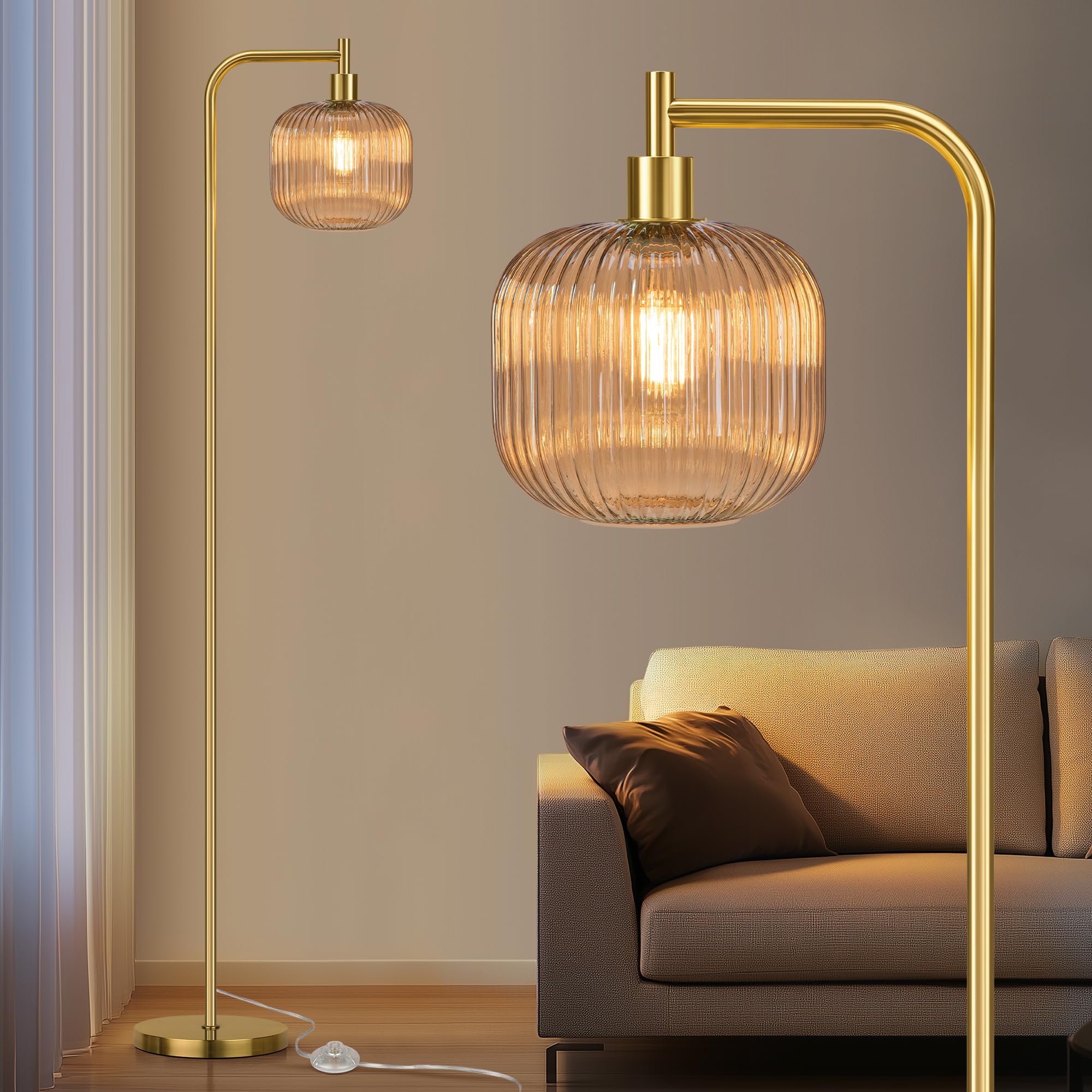 QiMH Glass Floor Lamp for Living Room, 67” Modern Standing Lamp with Cream Ribbed Glass Lampshade Pedal Switch Tall Lamp for Bedroom, Brushed Gold (2700K LED Bulb Included)