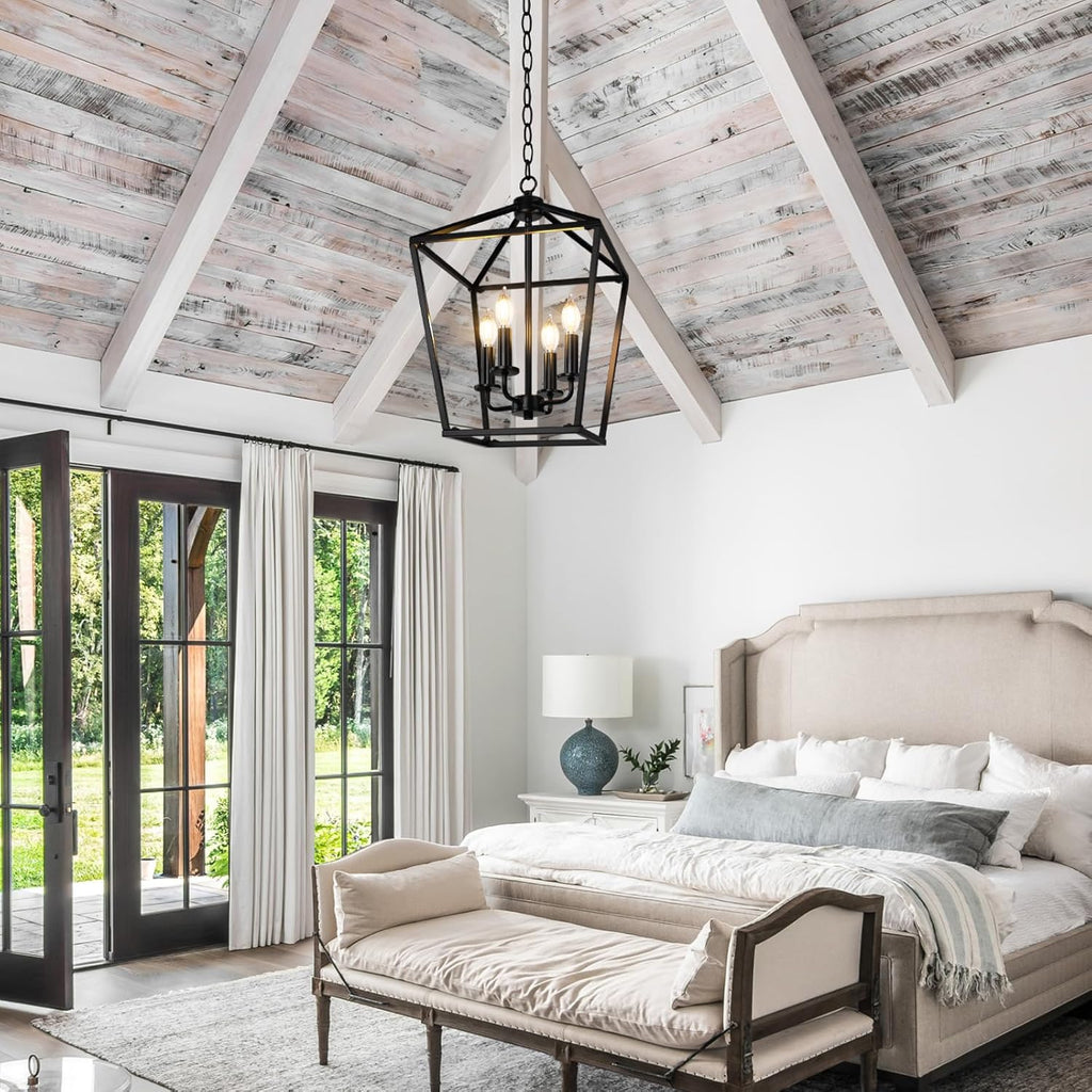 BrightHome Farmhouse Chandelier 4-Light, Black Pendant Light Fixture for Kitchen Island Dining Room, Lantern Industrial Lighting Ceiling Hanging with Metal Cage Adjustable Height for Entryway Foyer