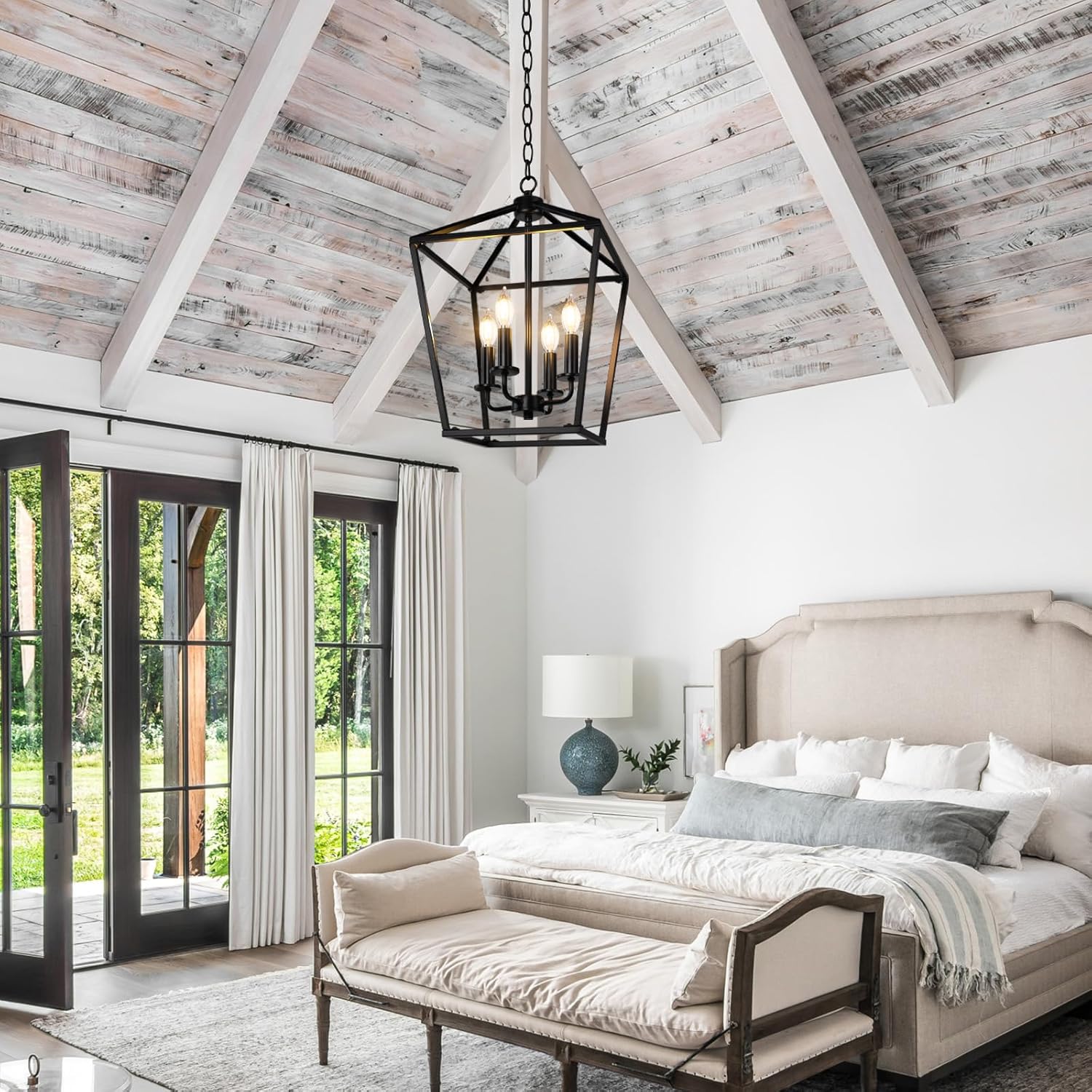BrightHome Farmhouse Chandelier 4-Light, Black Pendant Light Fixture for Kitchen Island Dining Room, Lantern Industrial Lighting Ceiling Hanging with Metal Cage Adjustable Height for Entryway Foyer