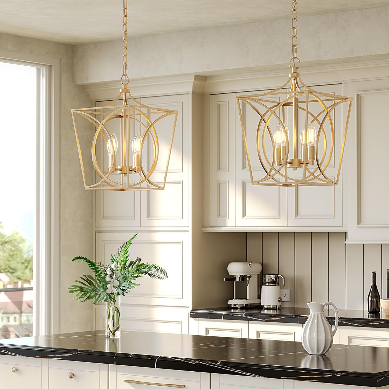 Tribesigns 4-Light Farmhouse Chandelier, Gold Rustic Metal Cage Adjustable Industrial Hanging Pendant Light Ceiling Fixture for Kitchen Island, Dining Room, Entryway UL Listed, E12 Base