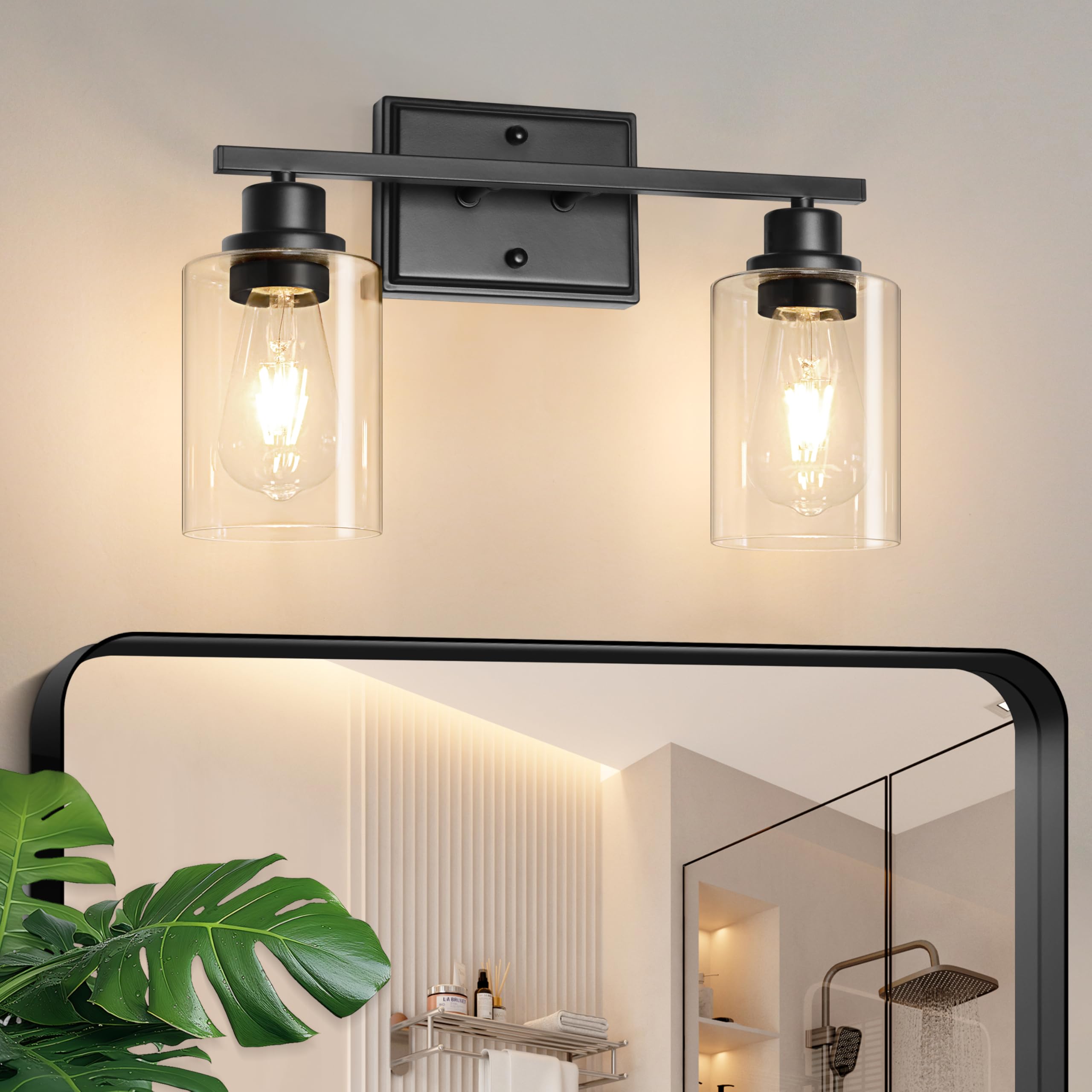 Unicozin 3 Light Bathroom Light Fixtures, Modern Vanity Lights Over Mirror, Black Wall Lamp with Clear Glass for Living Room Cabinet Bedroom Porch