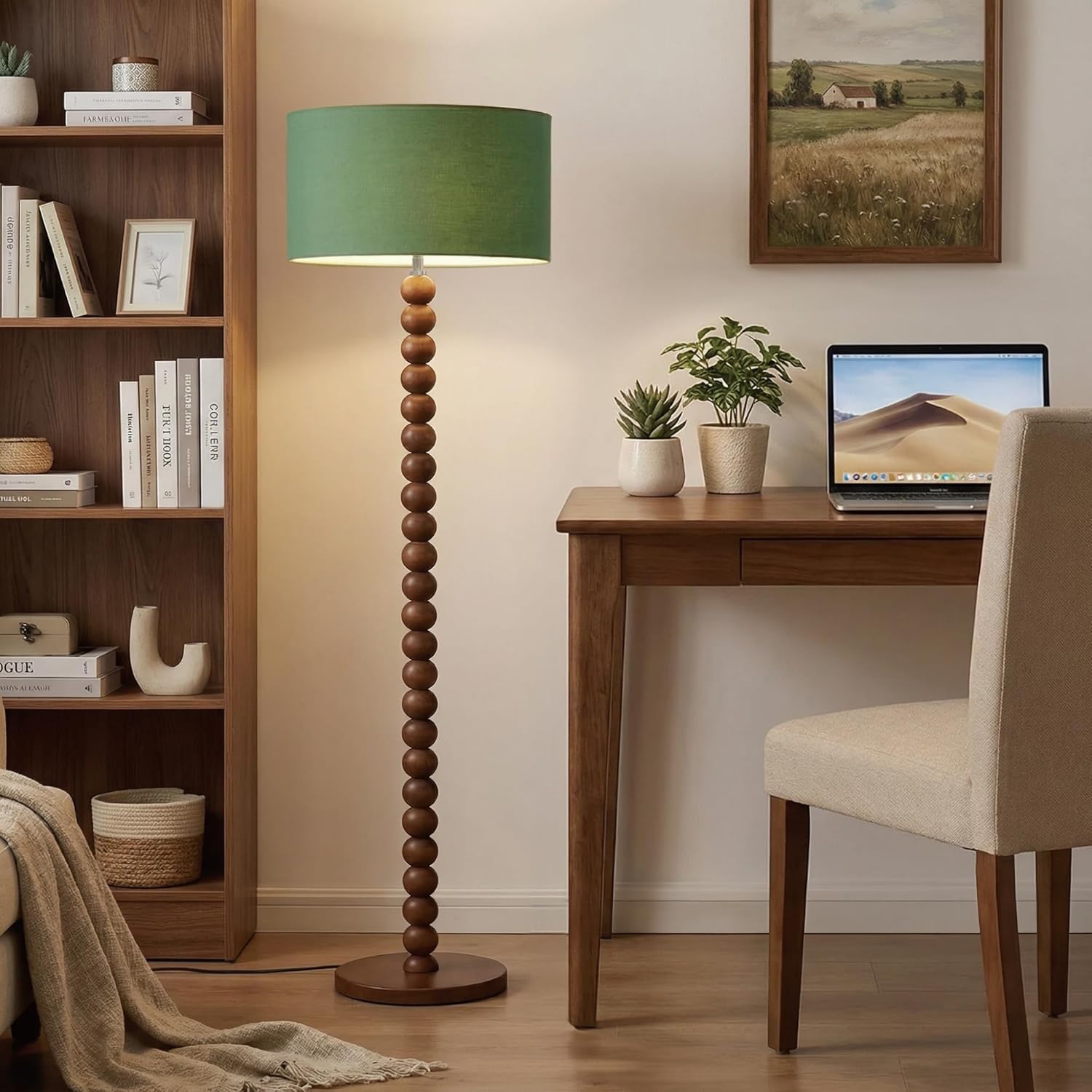 Buruis 61" Beaded Wood Floor Lamp with 17.2" Large Linen Shade, Retro Mid-Century Accent Walnut Finish Standing Lamp for Living Room, Bedroom, Office, Corner, UL Listed, Bulb Not Included, Green