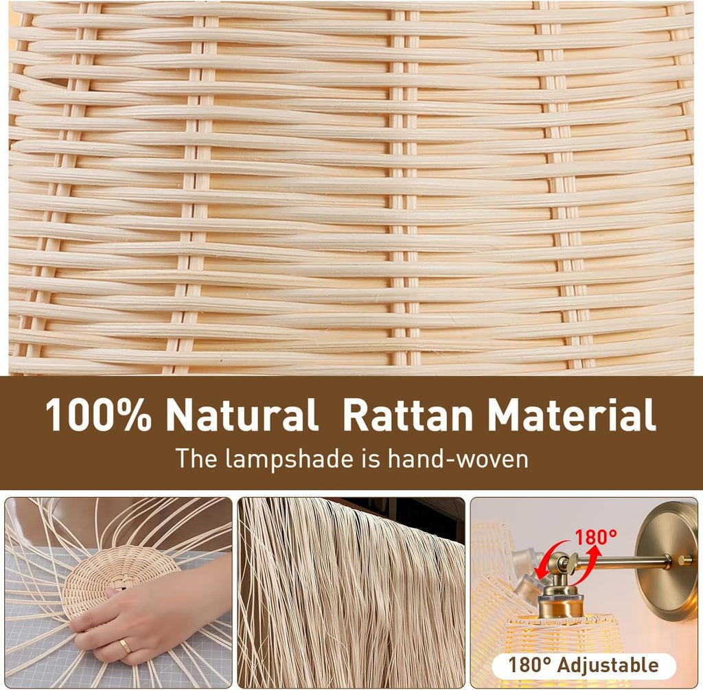 Rattan Battery Operated Wall Sconce Set of Two, Hand-Woven Wicker Lampshade, Rechargeable Wall Lights for Bedroom with Remote, Dimmable Bulb Plug-in or Hardwire Wall Sconces for Hallway Living Room