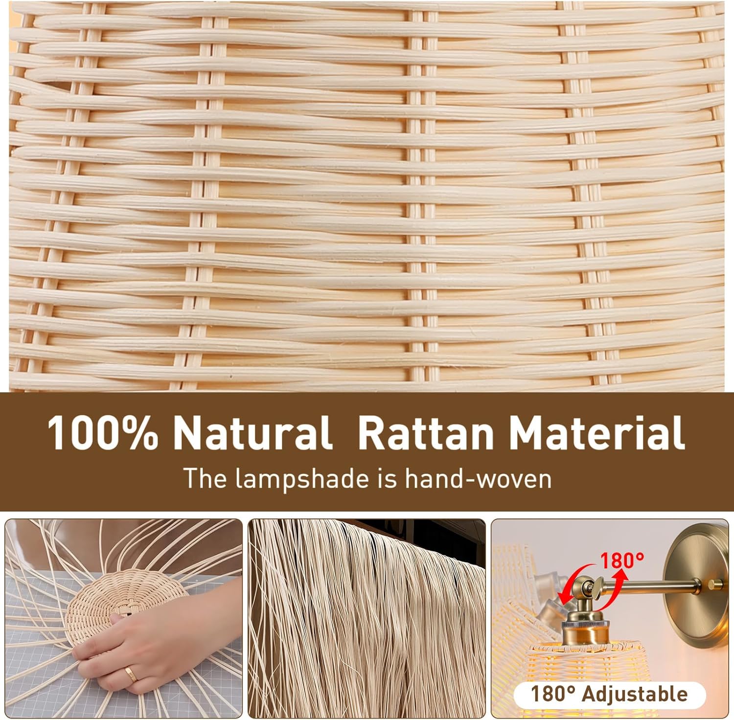 Rattan Battery Operated Wall Sconce Set of Two, Hand-Woven Wicker Lampshade, Rechargeable Wall Lights for Bedroom with Remote, Dimmable Bulb Plug-in or Hardwire Wall Sconces for Hallway Living Room