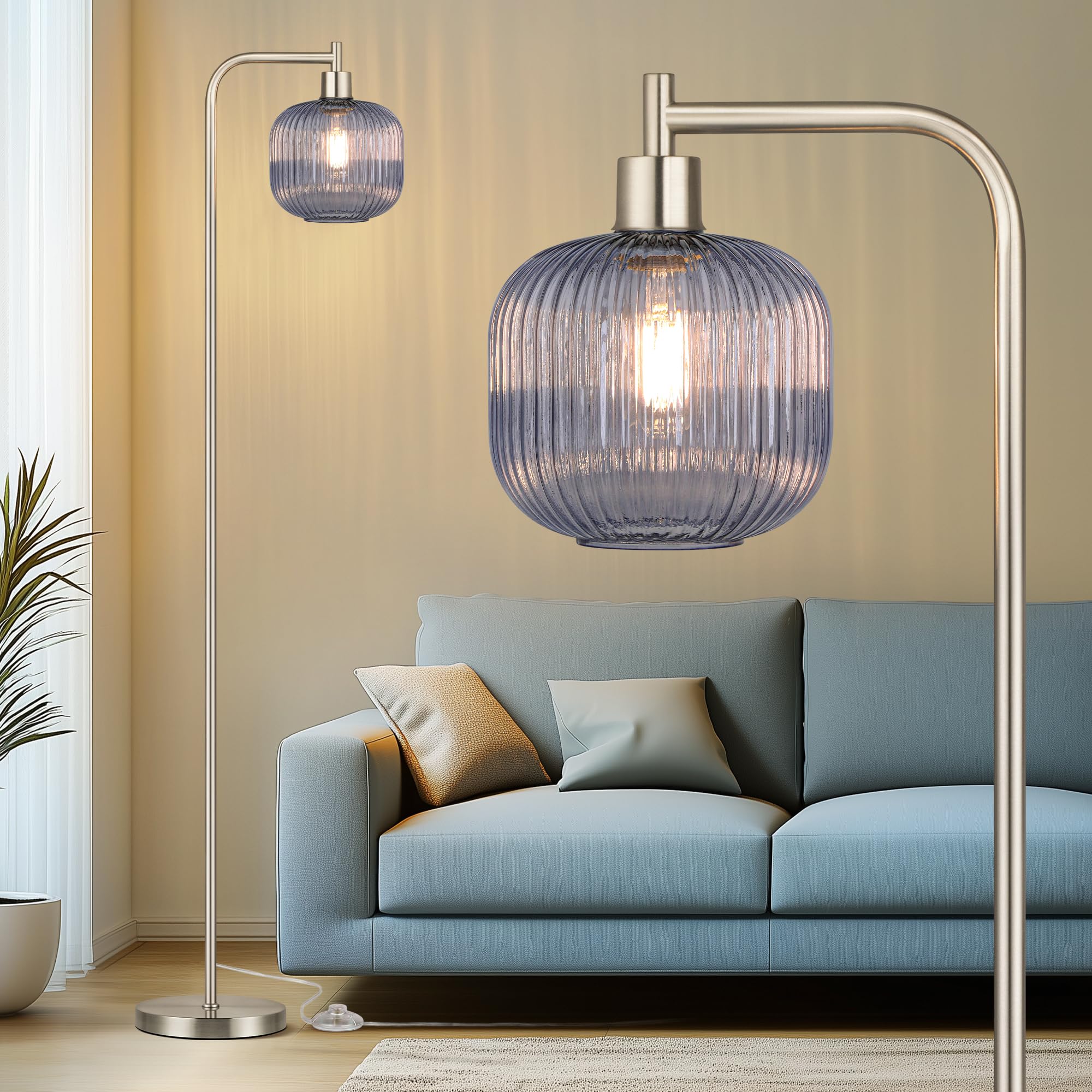 QiMH Glass Floor Lamp for Living Room, 67” Modern Standing Lamp with Cream Ribbed Glass Lampshade Pedal Switch Tall Lamp for Bedroom, Brushed Gold (2700K LED Bulb Included)