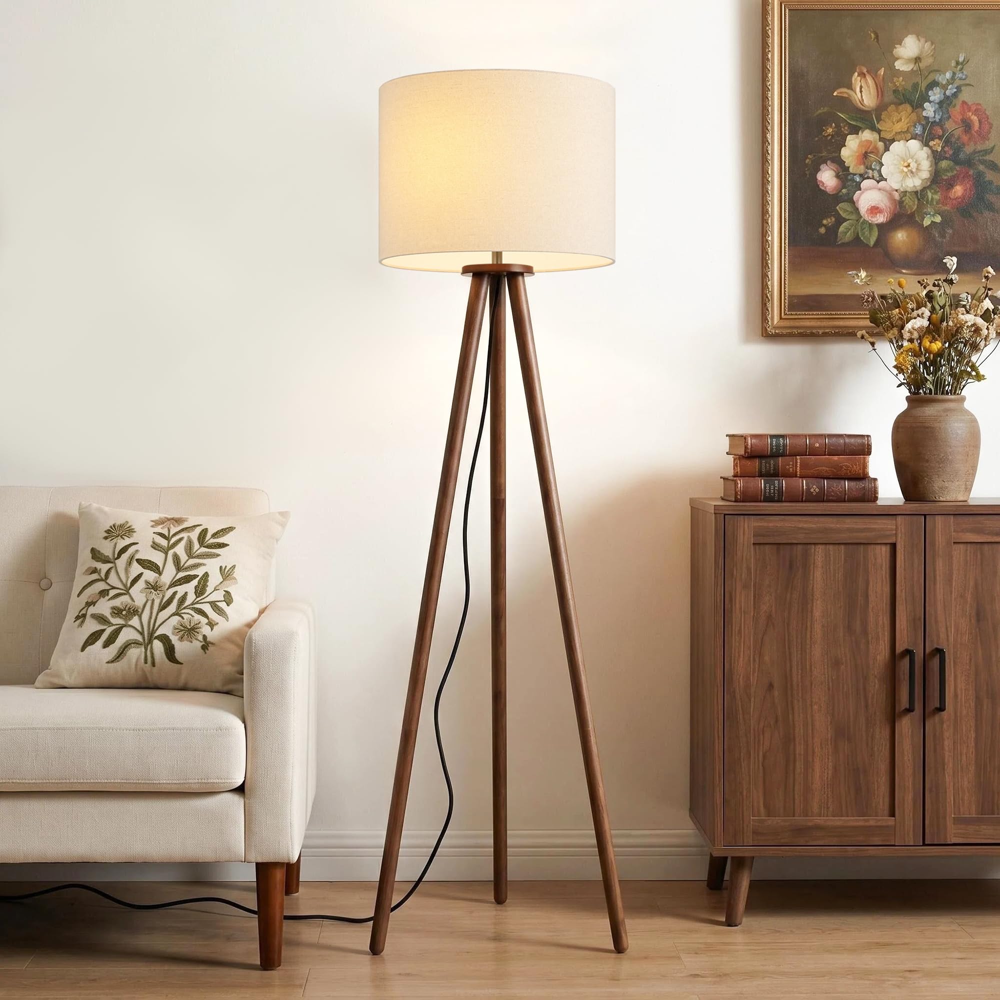 Buruis 60.6" Solid Wood Tripod Floor Lamp with 15.7" Large Linen Shade, Mid-Century Walnut Finish Standing Lamp for Living Room, Bedroom, Office, Corner, UL Listed, Bulb Not Included, Green