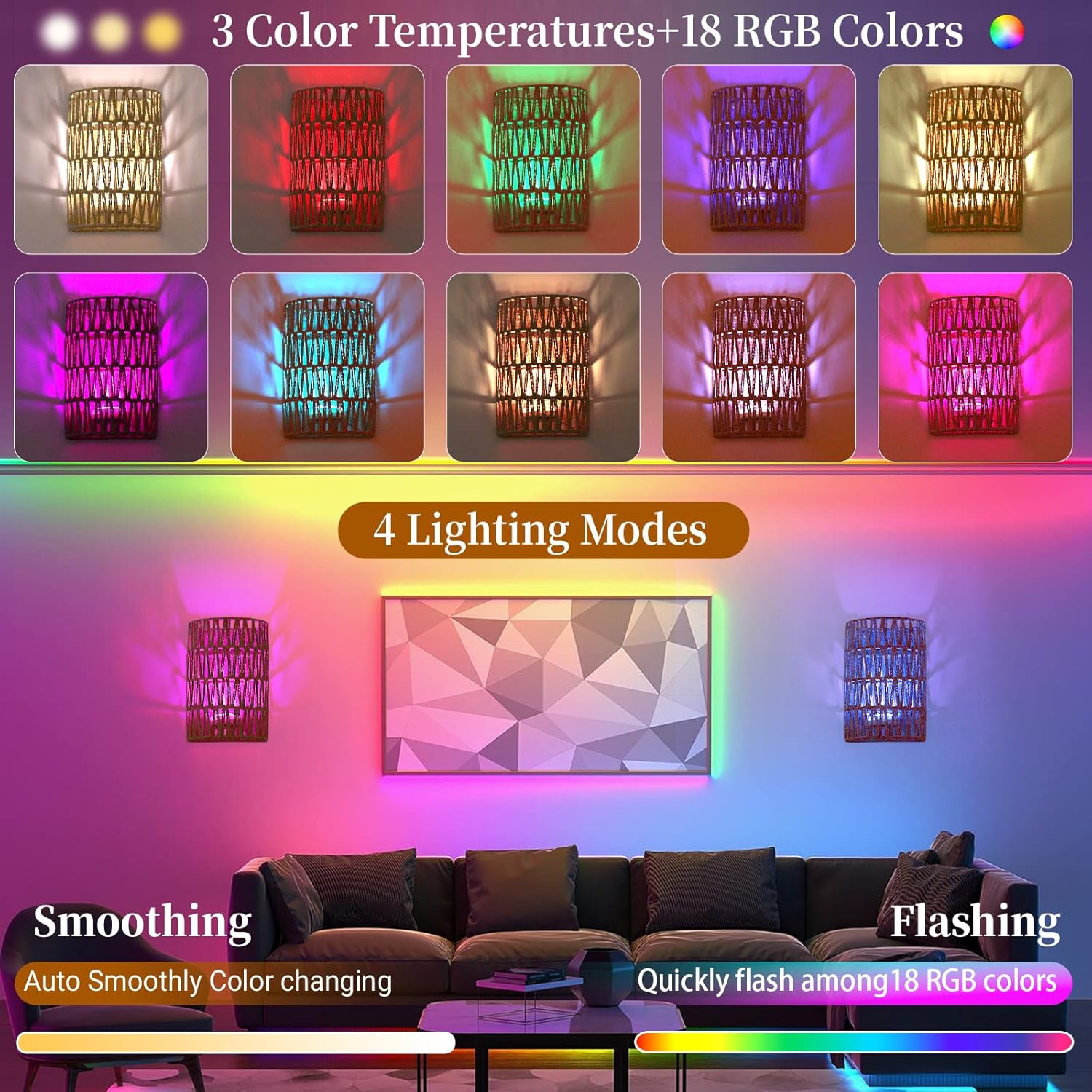 FINCMY Boho Wall Decor Rechargeable Wall Sconce, 18 RGB Colors Dimmable Wireless Wall Lights Battery Operated Wall Sconce for Bedroom Living Room Hallway, Natural Hemp Rope Boho Decor
