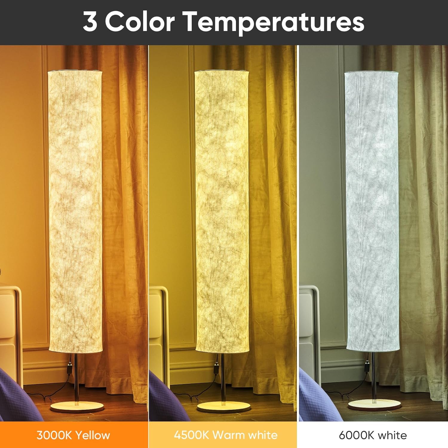 LONRISWAY 58" Soft Light Floor Lamp 3 Color Lighting Remote Control LED lamp with Tyvek Fabric Shade Column Paper Floor lamp,Brightness Adjustable for Living Room Bedroom Game Room