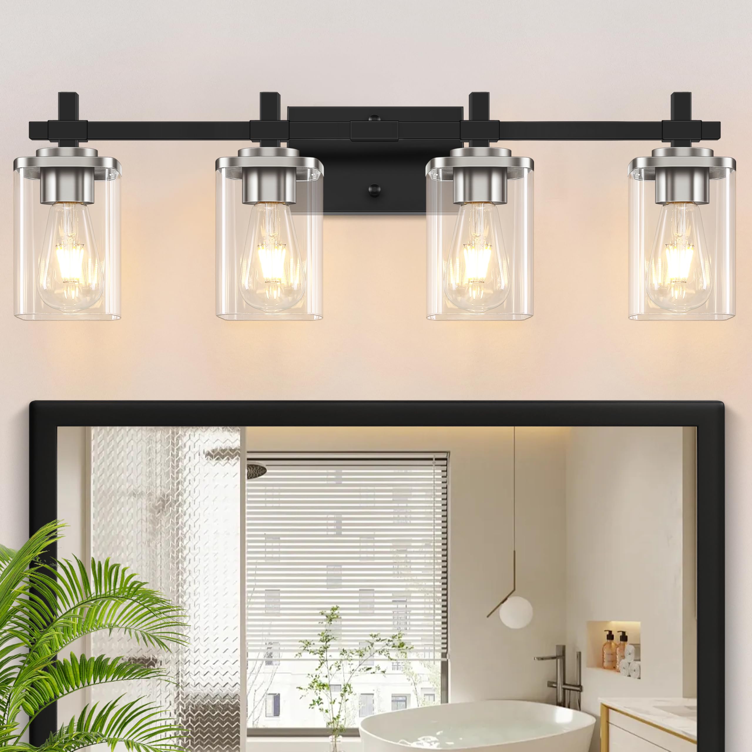 3-Lights Bathroom Vanity Light Fixtures, Modern Black Vanity Lights Over Mirror with Clear Glass Shade for Bathroom, Wall Mounted Lamp for Bedroom Hallway Living Room