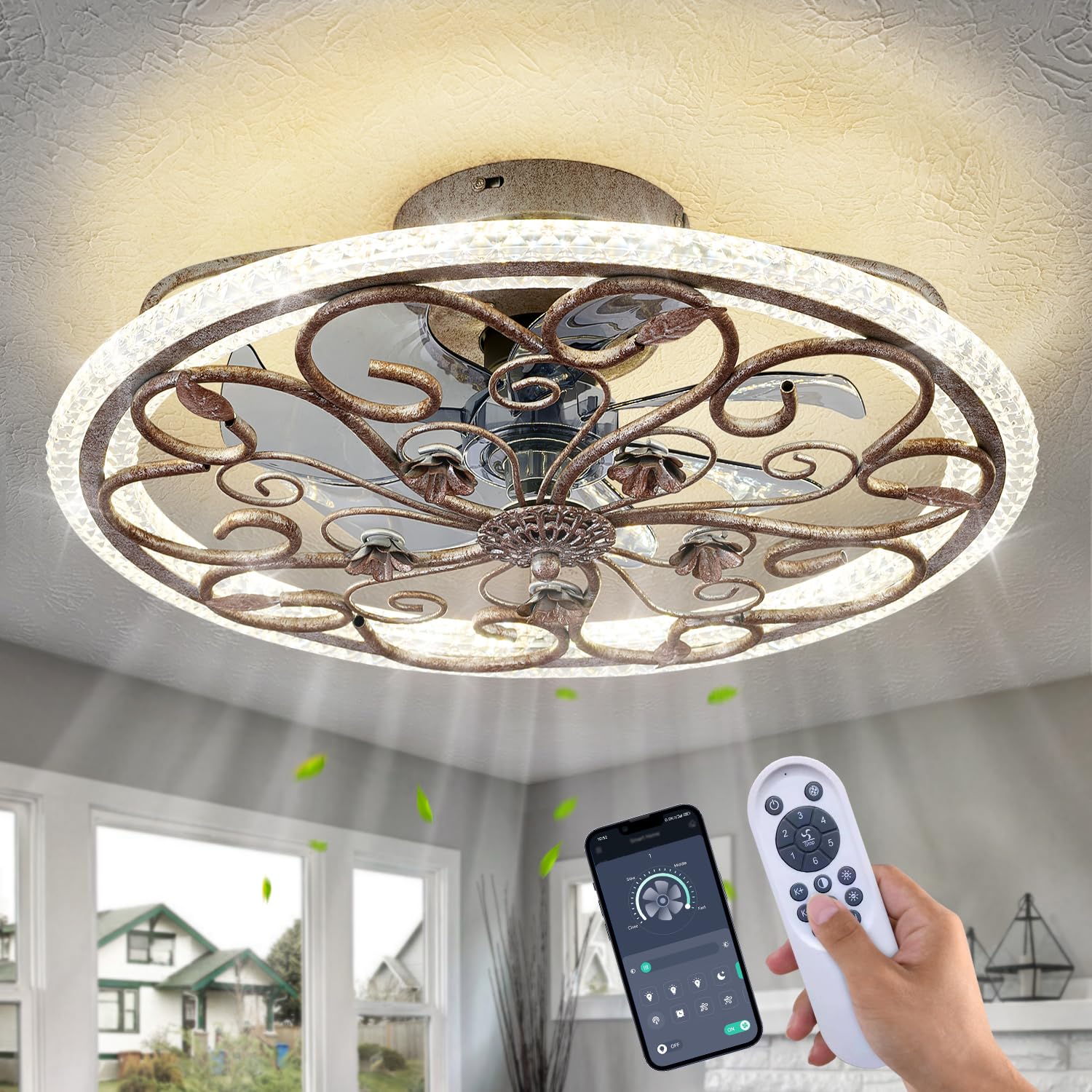 Caged Ceiling Fan with Lights Remote Control, 6 Speeds 3 Color Farmhouse Industrial Ceiling Fan with Light for Kitchen Bedroom Living Room