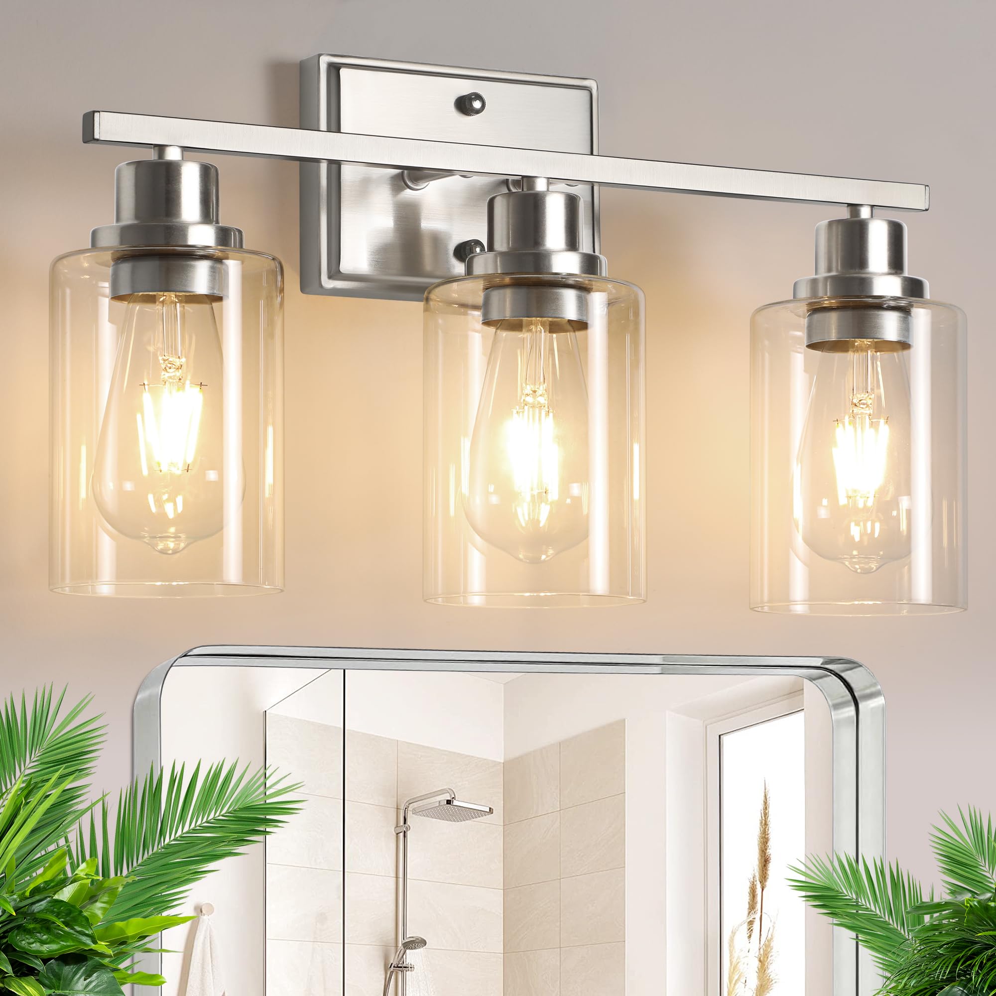 Unicozin 3 Light Bathroom Light Fixtures, Modern Vanity Lights Over Mirror, Black Wall Lamp with Clear Glass for Living Room Cabinet Bedroom Porch